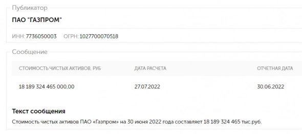 Стоимость чистых активов ПАО «Газпром» на 30 июня 2022 года