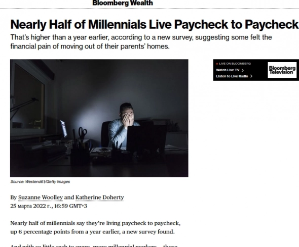 Bloomberg - около половины поколения "Миллениалов" живут от зарплаты до зарплаты