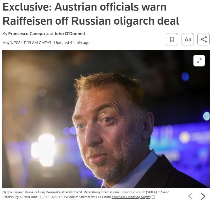 Власти Австрии призвали Raiffeisen (RBI) отказаться от сделки, связанной с российским олигархом, опасаясь негативной реакции со стороны США — Reuters
