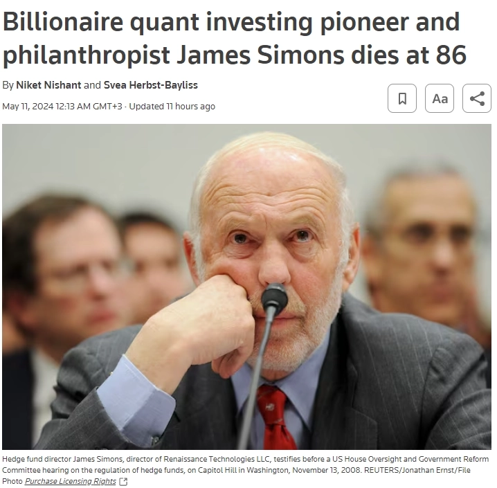 В США на 86-м году жизни умер "Квантовый король" Джим Саймонс: "самый умный миллиардер" по версии Financial Times, "самый успешный инвестор всех времён" по версии The Economist