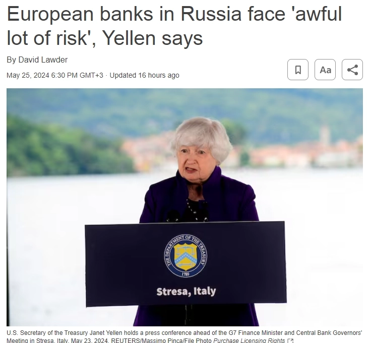 Министр финансов США Джанет Йеллен: Мы рассматриваем возможность ужесточения наших санкций в отношении европейских банков, ведущих бизнес в России