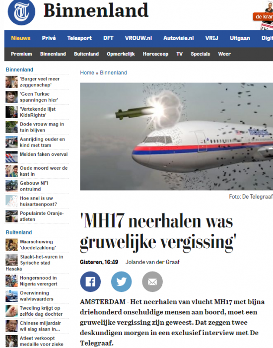 Анонс статьи в telegraaf про сбитый Боинг рейса MH17
