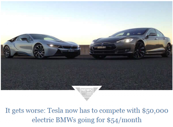У Tesla проблемы из за BMW. i3 за $54 в месяц.