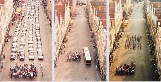 Количество пространства, необходимое для транспортировки 60 человек на автомобиле, автобусе или велосипеде.