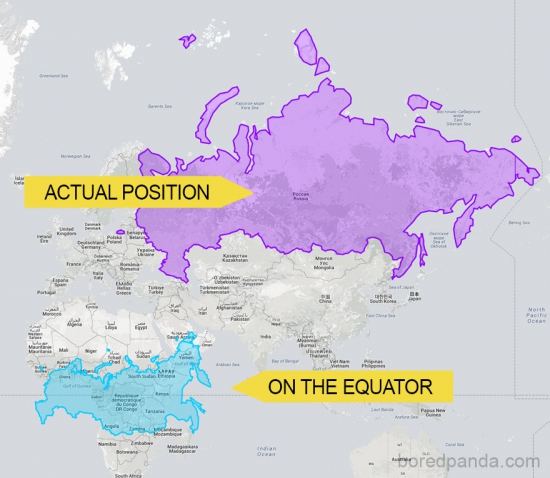 Реальные размеры стран на карте относительно друг друга без картографического искажения!