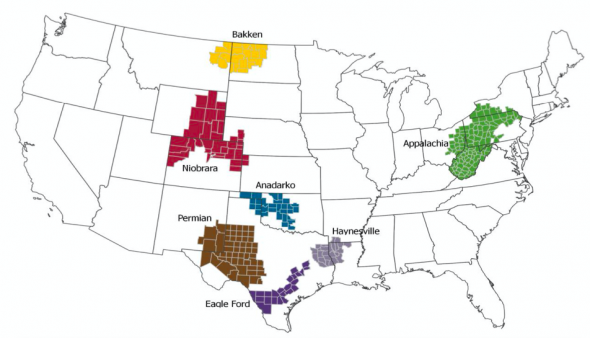 Регионы трудноизвлекаемой нефти и сланцевого газа в США