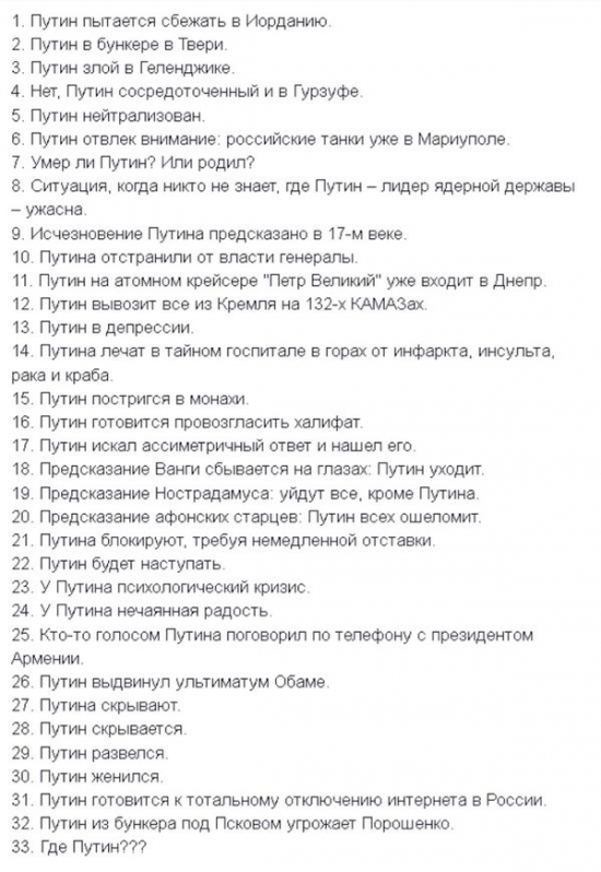 Все версии исчезновения Путина замеченные в Украинских СМИ