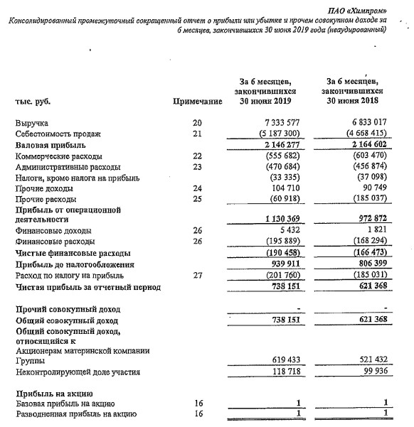 Химпром - прибыль за 1 п/г по МСФО выросла на 19%