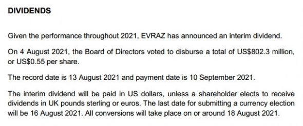 Дивиденды Евраз составят $0,55 на акцию
