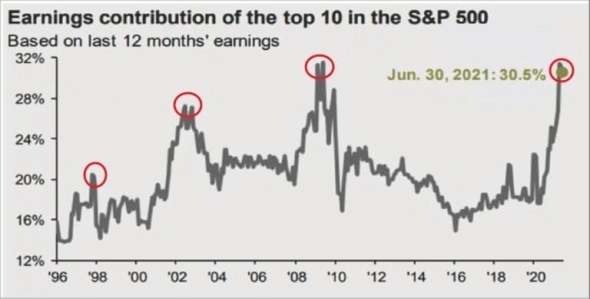 30,5% прибыли S&P 500 занимают всего лишь 10 компаний