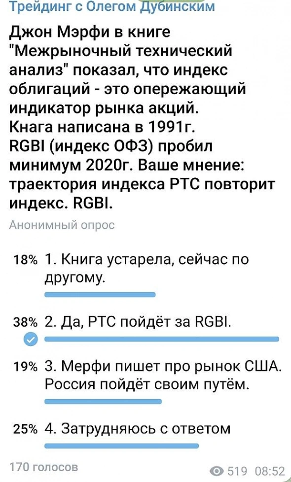 Большинство считает, что индекс РТС пойдёт за индексом RGBI ( ОФЗ).