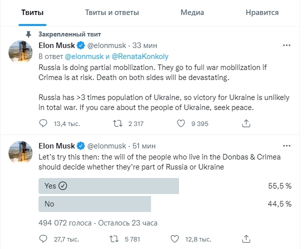 Илон Маск предложил провести повторные референдумы на Украине и словил лютый хохлосрач в своем Twitter