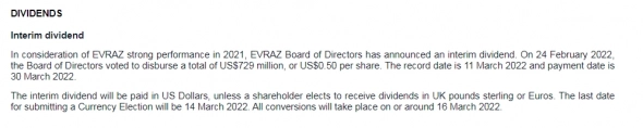 Совет директоров Evraz одобрил промежуточные дивиденды $0,5 на акцию