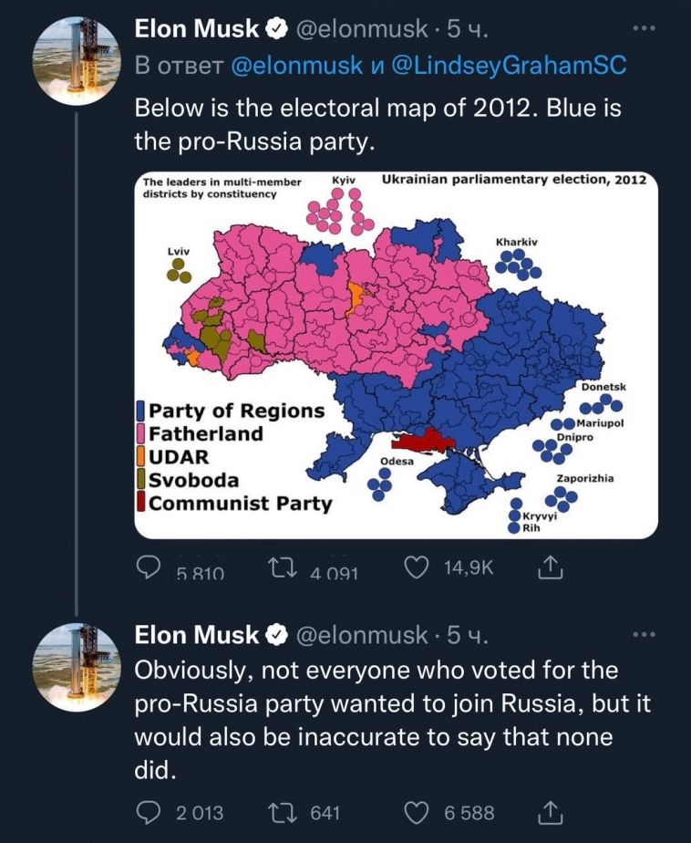 Илон Маск в Twitter заявил, что некоторые восточные части, где в основном проживают русские, «предпочитают Россию».