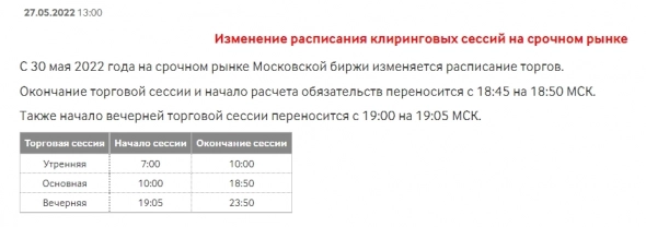 С 30 мая 2022 года на срочном рынке Московской биржи изменяется расписание торгов.