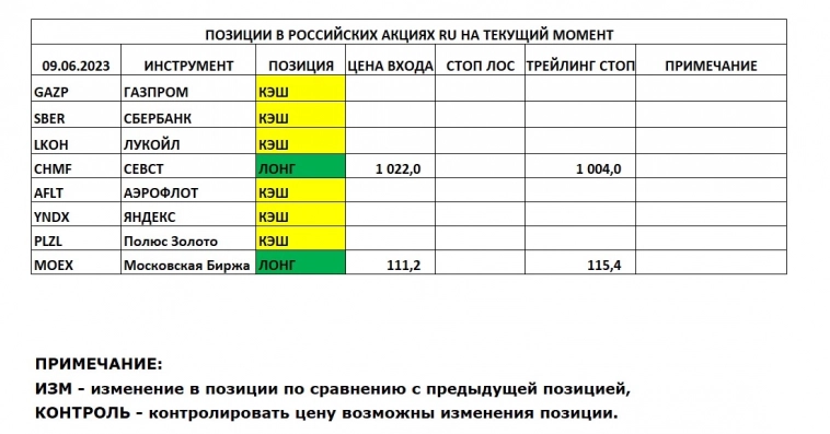 Позиции в РОССИЙСКИХ Акциях на 09.06.2023