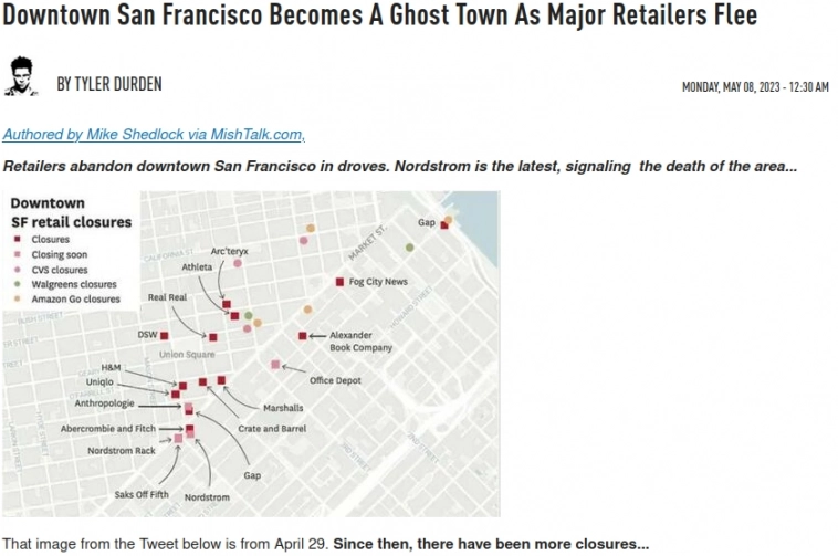 Центр Сан-Франциско становится городом-призраком из-за бегства крупных ритейлеров