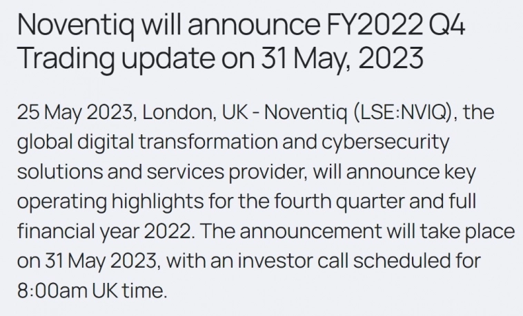 31.05.2023 Noventiq  объявит основные операционные показатели за 4кв и весь 2022 год
