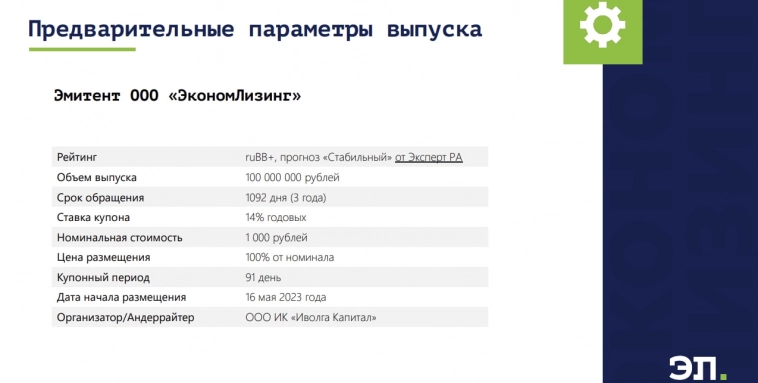 16 мая - размещение облигаций ЭкономЛизинг (ruBB+, 100 млн.р., 3 года, YTM 14,75%)
