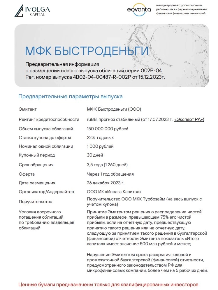 Анонс размещения 150-миллионного выпуска облигаций МФК Быстроденьги (ruBB, 22% годовых до оферты, оферта через 1 год)