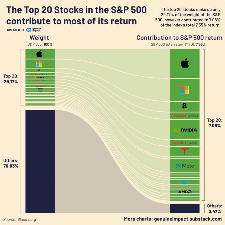 Всего 20 акций обеспечили большую часть доходности S&P 500 📈