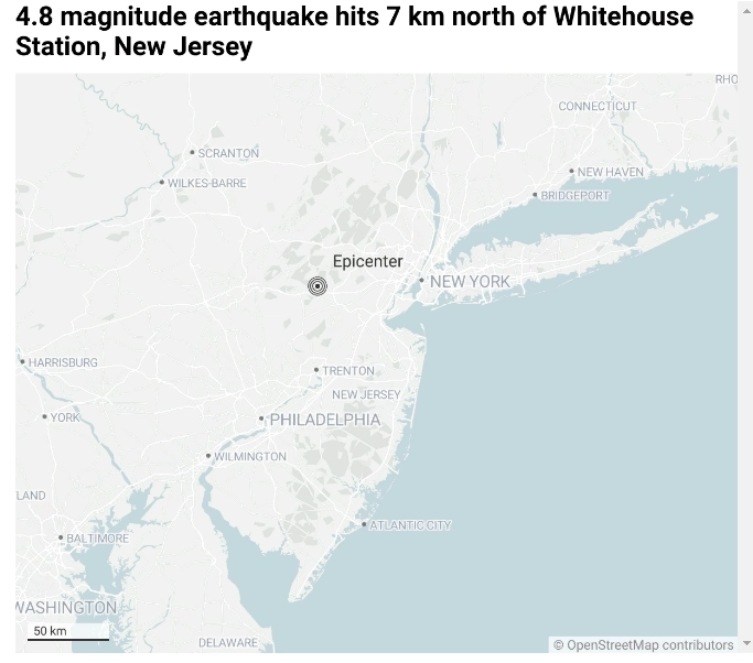 Землетрясение магнитудой 4,8 балла произошло недалеко от Нью-Йорка — Reuters со ссылкой на геологическую службу США