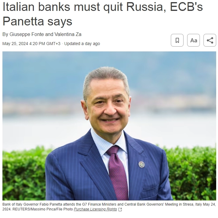 Итальянские банки должны прекратить свой бизнес в России, пребывание в стране создает «репутационные проблемы» — глава ЦБ Италии