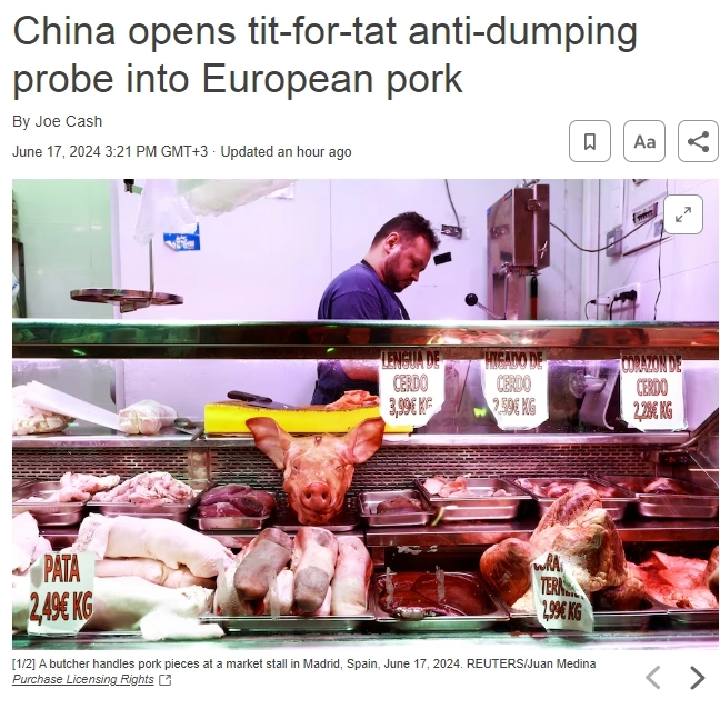 Китай начал антидемпинговое расследование в отношении импортируемой из Европейского Союза свинины в ответ на ограничения экспорта электромобилей — Reuters