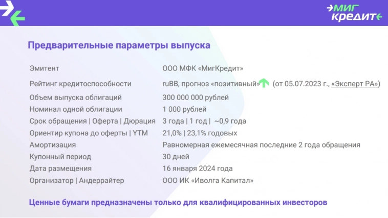 Презентация нового выпуска облигаций МФК МигКредит (ruBB, 300 млн р., купон 21% до годовой оферты)