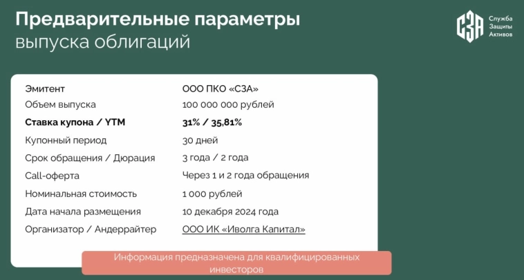 10 декабря - размещение коллектора СЗА (BB-, 100 млн р., купон / доходность 31% / 35,8%)