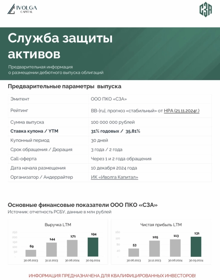 10 декабря - размещение коллектора СЗА (BB-, 100 млн р., купон / доходность 31% / 35,8%). Скрипт завтрашнего размещения 10 декабря - размещение коллектора СЗА (BB-, 100 млн р., купон / доходность 31% / 35,8%). Скрипт завтрашнего размещения