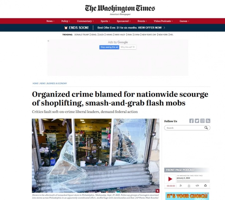 Washington Times: организованные кражи из магазинов стали в США «общенациональной катастрофой»