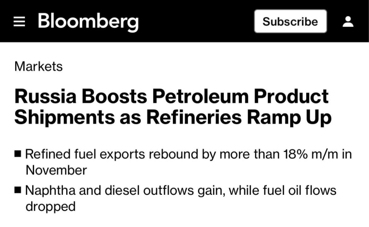 +18% — рост объёма поставок российских нефтепродуктов в ноябре, — Bloomberg.