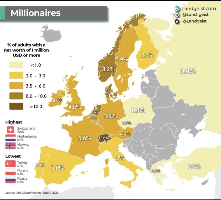 Доля долларовых миллионеров по странам Европы.