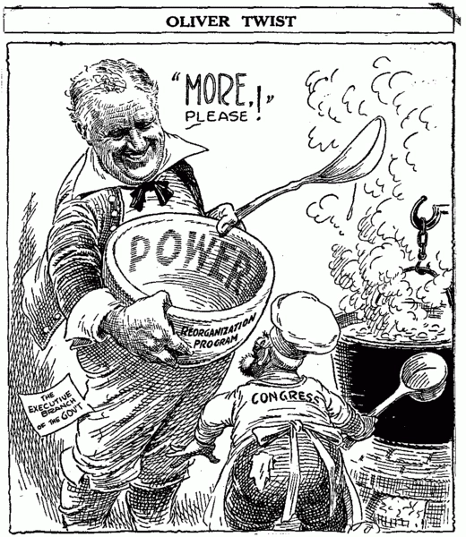 Карикатура: Рузвельт просит у Конгресса &laquo;добавки&raquo; власти (Chicago Tribune, 1937)