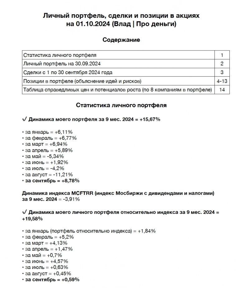 Мой портфель акций на 30.09.2024. В какие компании инвестирую и почему?