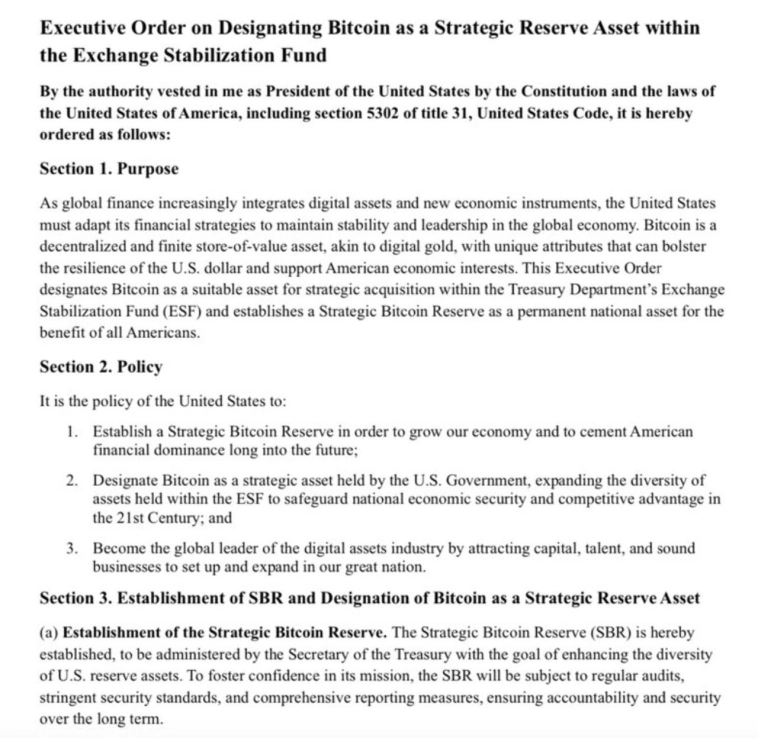Текст исполнительного указа Трампа о стратегическом BTC резерве
