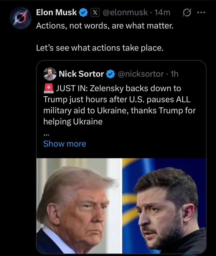 ⚡Маск прокомментировал заявление Зеленского