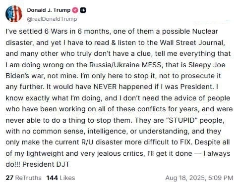 Дональд Трамп: Я уладил 6 войн за 6 месяцев, одна из них могла закончиться ядерной катастрофой. Я точно знаю, что делаю, и мне не нужны советы