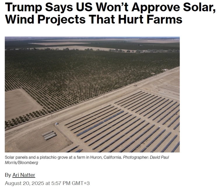 Трамп заявил, что США не будут одобрять проекты по строительству солнечных и ветряных электростанций, которые наносят ущерб сельскохозяйственным угодьям — Bloomberg