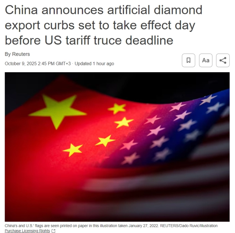 Китай объявляет о введении ограничений на экспорт искусственных алмазов, которые вступят в силу за день до истечения срока действия тарифного соглашения с США — Reuters