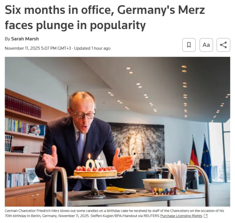 Спустя шесть месяцев после вступления в должность популярность Мерца в Германии резко упала — Reuters