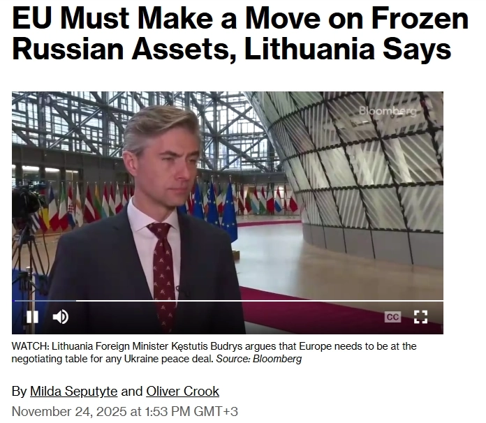 Евросоюз должен срочно начать использовать замороженные российские активы, чтобы получить место за столом переговоров о мире на Украине — глава МИД Литвы Кястутис Будрис в интервью Bloomberg
