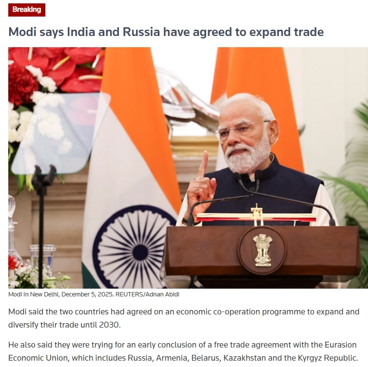 Моди: Стремимся как можно скорее заключить соглашение о свободной торговле с Евразийским экономическим союзом (ЕАЭС), в который входят Россия, Армения, Беларусь, Казахстан и Кыргызстан