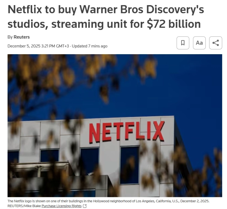Netflix покупают киностудию Warner Bros Discovery и подразделение потокового вещания за $72 млрд — Reuters