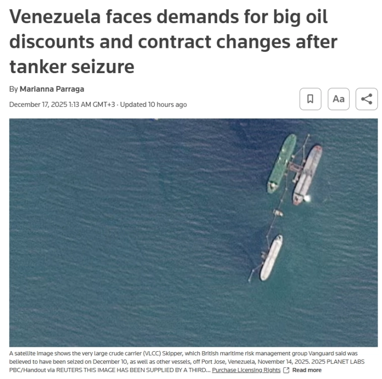Покупатели венесуэльской нефти, в т.ч. китайские НПЗ, потребовали от страны значительных скидок после того,как США конфисковали судно, перевозившее нефть — Reuters Покупатели венесуэльской нефти, в т.ч. китайские НПЗ, потребовали от страны значительных скидок после того,как США конфисковали судно, перевозившее нефть — Reuters