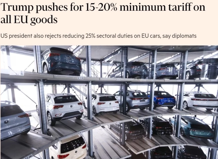 Трамп настаивает на введении минимального тарифа в размере 15–20% на все товары ЕС — FT