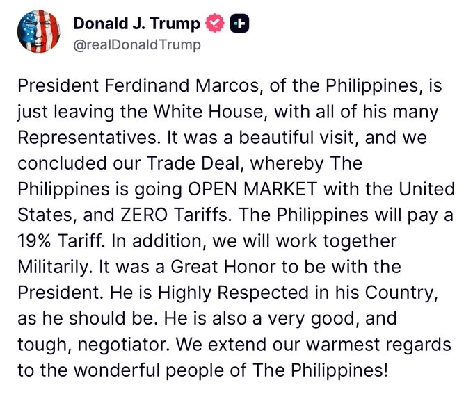 Трамп: Мы заключили торговое соглашение с Филиппинами. Они будут платить 19%-ную пошлину, а США — 0%. Также для меня большая честь объявить о нашем торговом соглашении с Индонезией