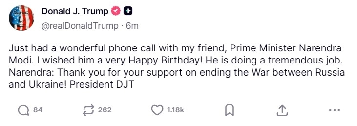 Трамп заявил, что поговорил с премьером Индии Нарендрой Моди. Разговор с ним он назвал «чудесным»