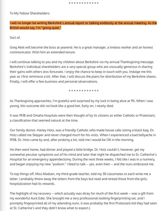 Уоррен Баффетт: Я больше не буду писать годовой отчет Berkshire Hathaway и выступать на ежегодном собрании акционеров, как сказали бы британцы, «я затихаю»